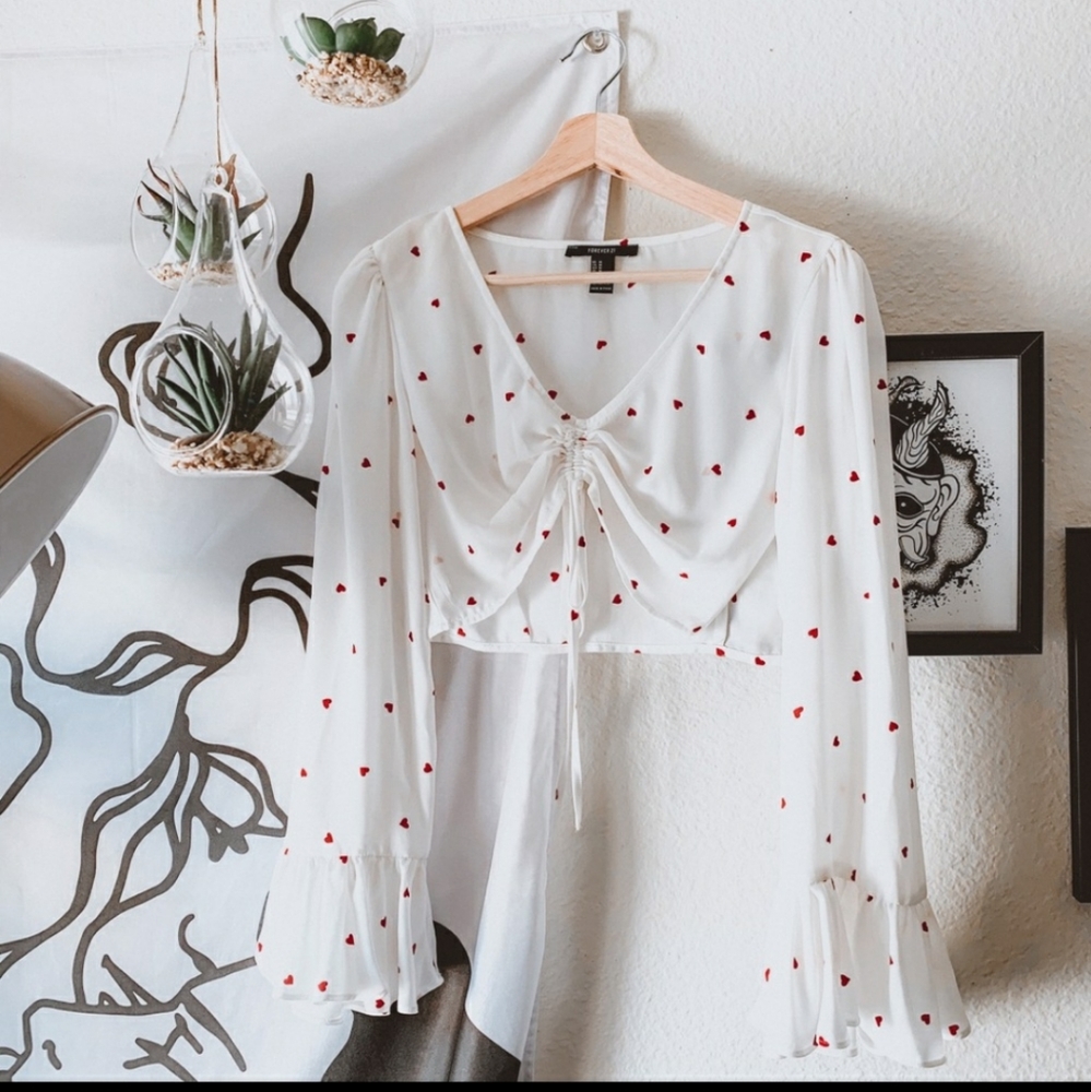 White and Red Hearts Pattern Crop Top Bell Sleeve